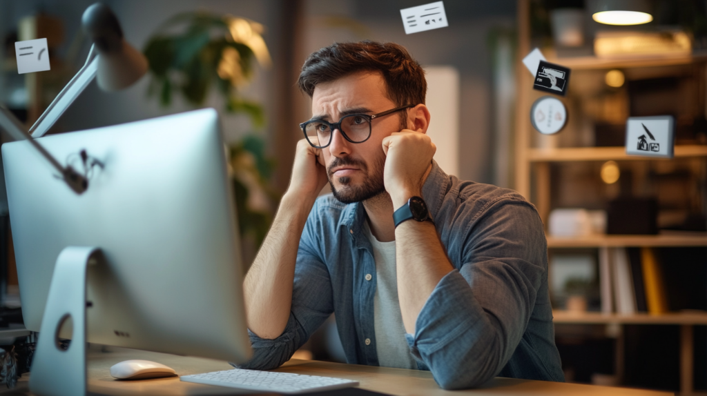 11 Landingpage-Fehler und wie Du sie beheben kannst, Banner Bild eines Marketers der verzweifelt ist.
